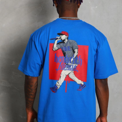 Oversize Baskılı Bisiklet Yaka T-Shirt - Mavi -