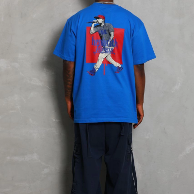 Oversize Baskılı Bisiklet Yaka T-Shirt - Mavi -