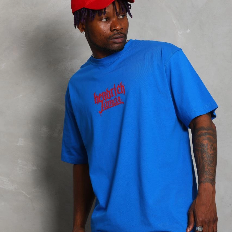 Oversize Baskılı Bisiklet Yaka T-Shirt - Mavi -