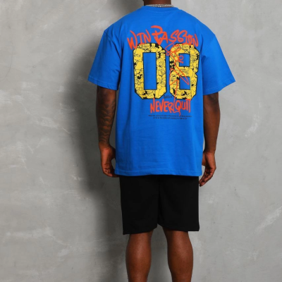 Oversize Baskılı Bisiklet Yaka T-Shirt - Mavi -