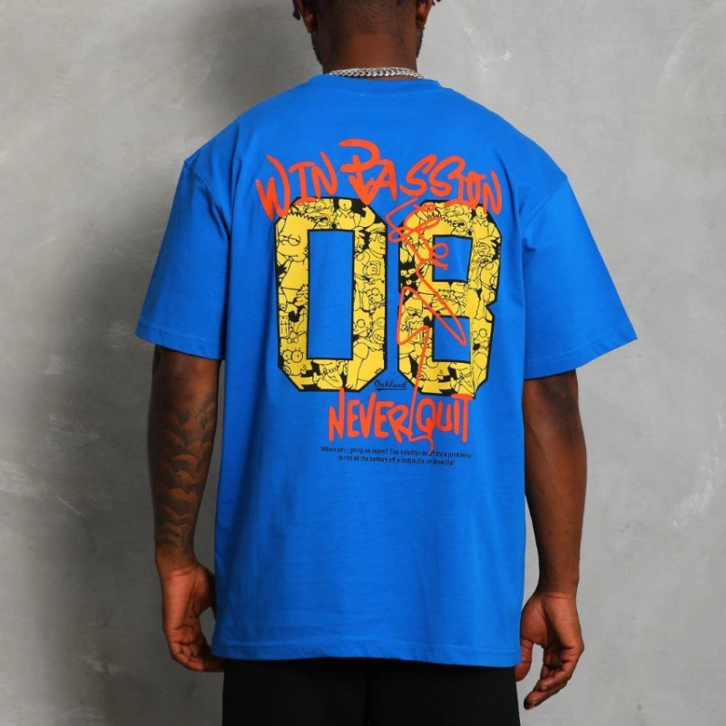 Oversize Baskılı Bisiklet Yaka T-Shirt - Mavi -