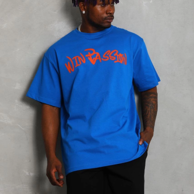 Oversize Baskılı Bisiklet Yaka T-Shirt - Mavi -