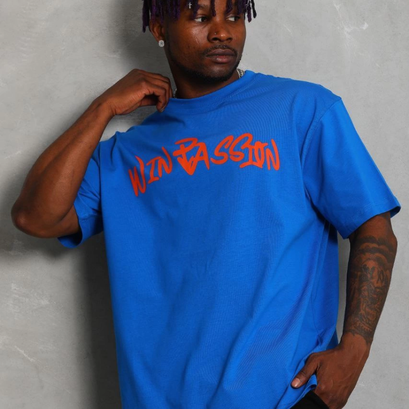 Oversize Baskılı Bisiklet Yaka T-Shirt - Mavi -