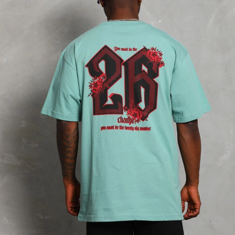 Oversize Baskılı Bisiklet Yaka T-Shirt - Mint Yeşili