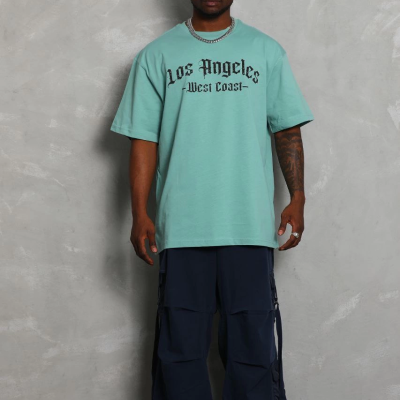 Oversize Baskılı Bisiklet Yaka T-Shirt - Mint Yeşili