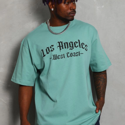 Oversize Baskılı Bisiklet Yaka T-Shirt - Mint Yeşili