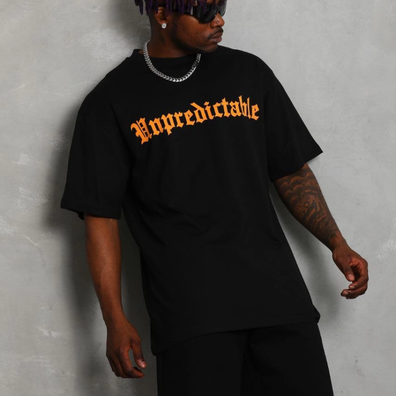 Oversize Baskılı Bisiklet Yaka T-Shirt - Siyah -