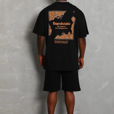 Oversize Baskılı Bisiklet Yaka T-Shirt - Siyah -