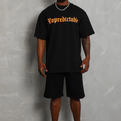 Oversize Baskılı Bisiklet Yaka T-Shirt - Siyah -