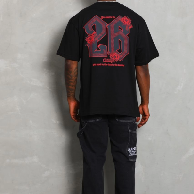 Oversize Baskılı Bisiklet Yaka T-Shirt - Siyah -