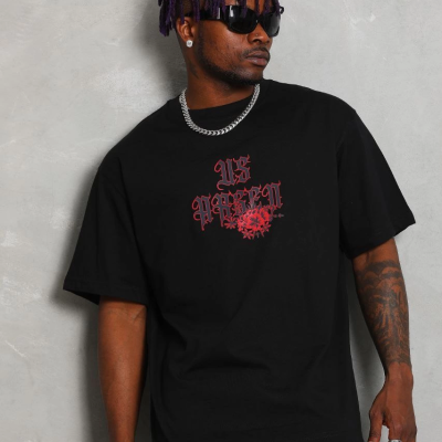 Oversize Baskılı Bisiklet Yaka T-Shirt - Siyah -