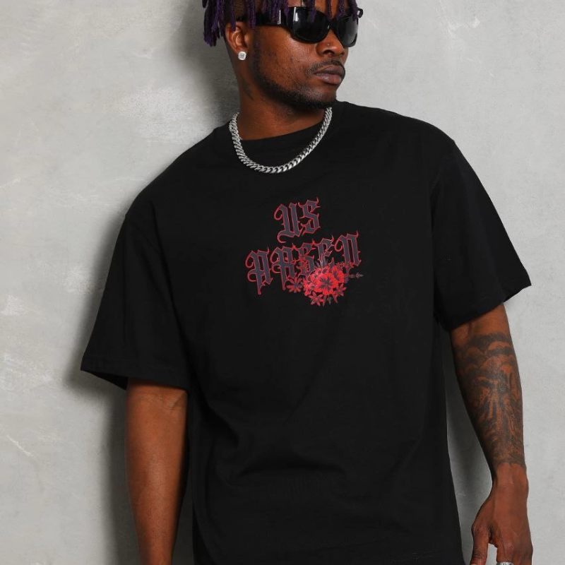 Oversize Baskılı Bisiklet Yaka T-Shirt - Siyah -