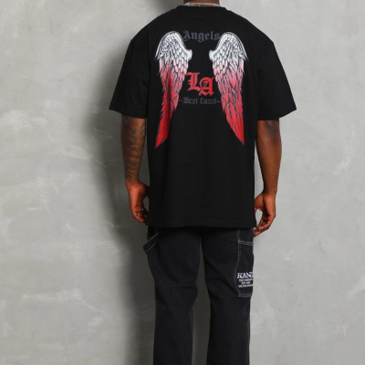 Oversize Baskılı Bisiklet Yaka T-Shirt - Siyah -