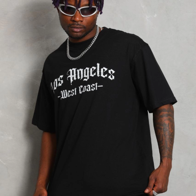 Oversize Baskılı Bisiklet Yaka T-Shirt - Siyah -