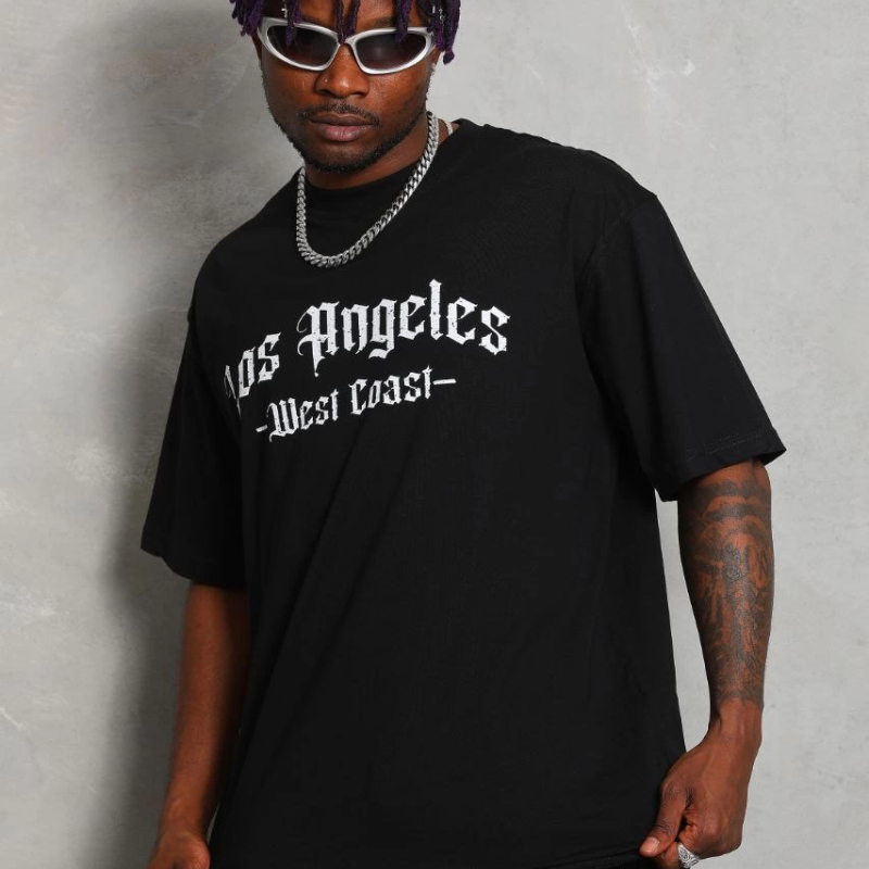 Oversize Baskılı Bisiklet Yaka T-Shirt - Siyah -