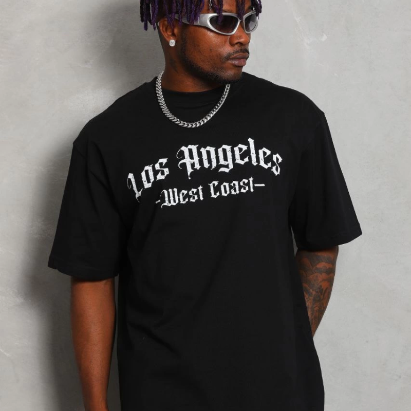 Oversize Baskılı Bisiklet Yaka T-Shirt - Siyah -