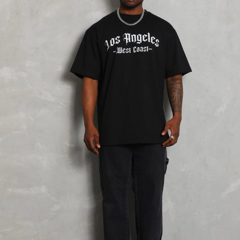 Oversize Baskılı Bisiklet Yaka T-Shirt - Siyah -