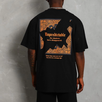 Oversize Baskılı Bisiklet Yaka T-Shirt - Siyah -