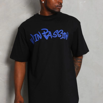 Oversize Baskılı Bisiklet Yaka T-Shirt - Siyah -