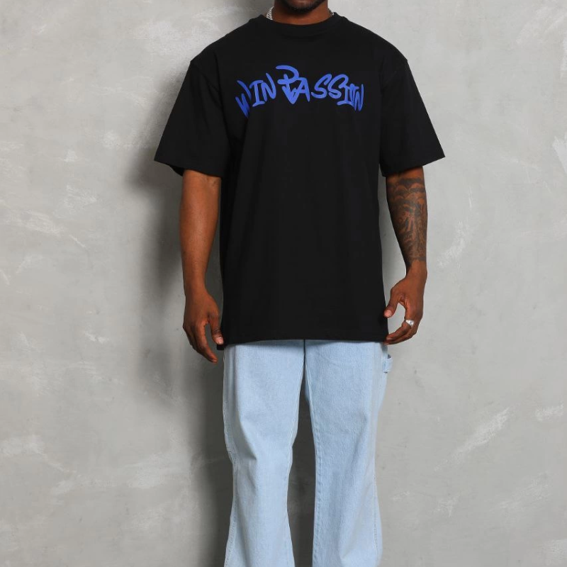 Oversize Baskılı Bisiklet Yaka T-Shirt - Siyah -