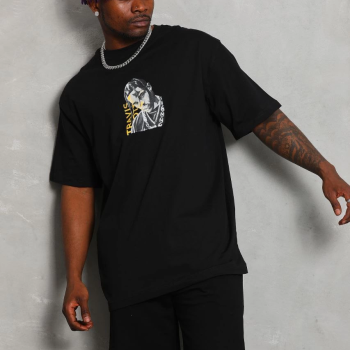 Oversize Baskılı Bisiklet Yaka T-Shirt - Siyah -