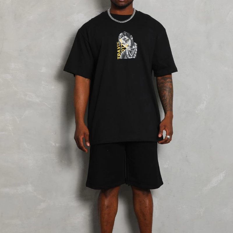 Oversize Baskılı Bisiklet Yaka T-Shirt - Siyah -