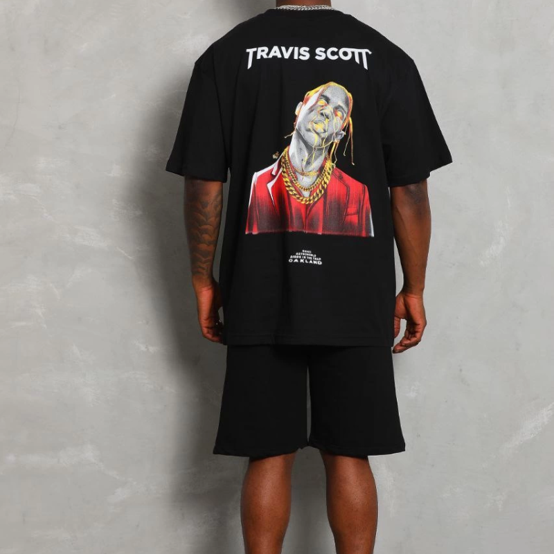 Oversize Baskılı Bisiklet Yaka T-Shirt - Siyah -