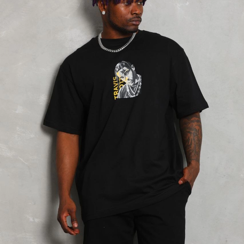 Oversize Baskılı Bisiklet Yaka T-Shirt - Siyah -