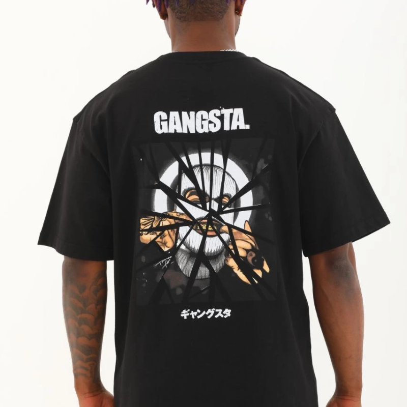 Oversize Baskılı Bisiklet Yaka T-Shirt - Siyah -