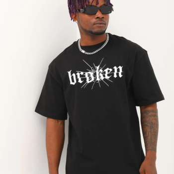 Oversize Baskılı Bisiklet Yaka T-Shirt - Siyah -