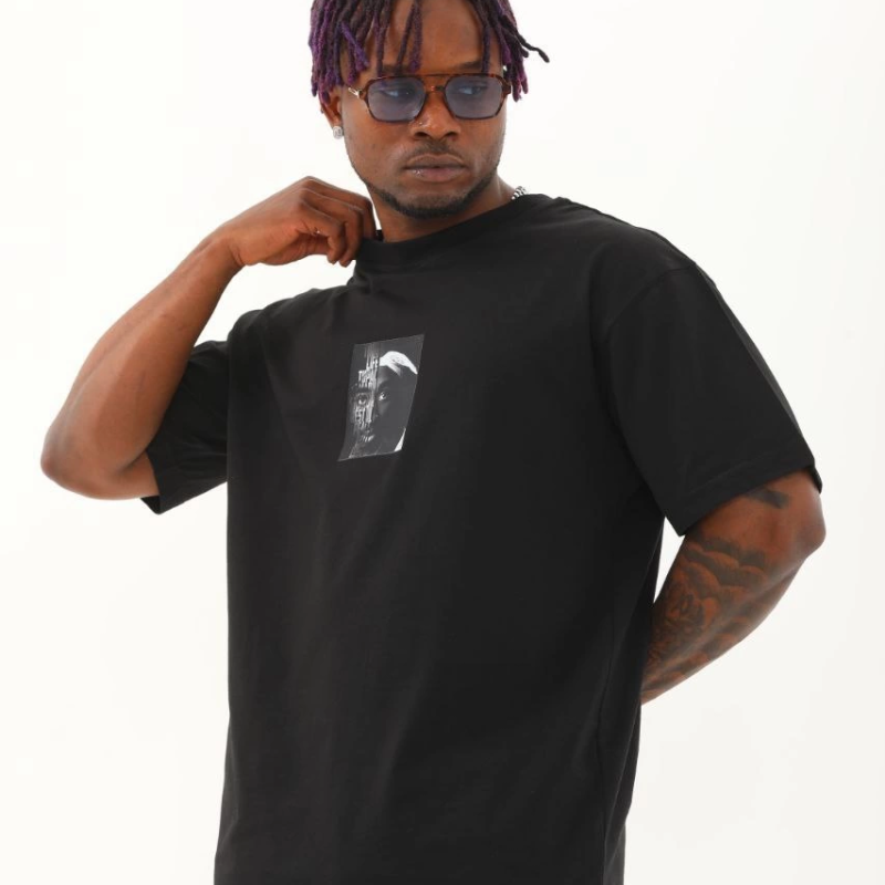 Oversize Baskılı Bisiklet Yaka T-Shirt - Siyah -