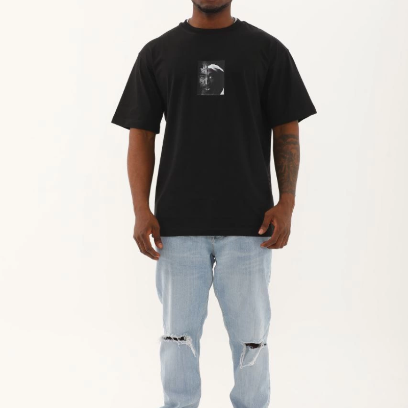 Oversize Baskılı Bisiklet Yaka T-Shirt - Siyah -