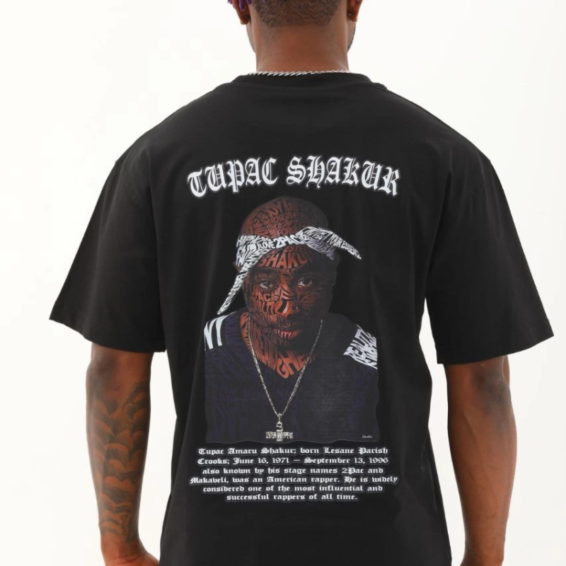 Oversize Baskılı Bisiklet Yaka T-Shirt - Siyah -