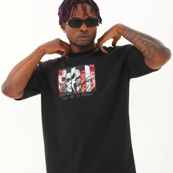 Oversize Baskılı Bisiklet Yaka T-Shirt - Siyah -