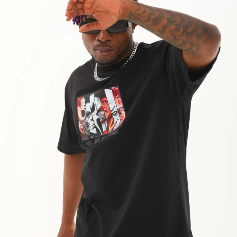 Oversize Baskılı Bisiklet Yaka T-Shirt - Siyah -