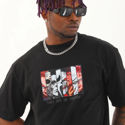 Oversize Baskılı Bisiklet Yaka T-Shirt - Siyah -