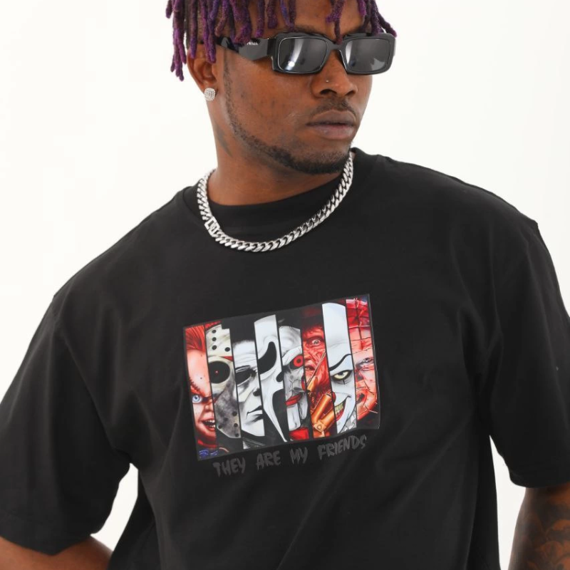 Oversize Baskılı Bisiklet Yaka T-Shirt - Siyah -