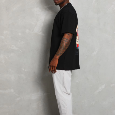 Oversize Baskılı Bisiklet Yaka T-Shirt - Siyah -