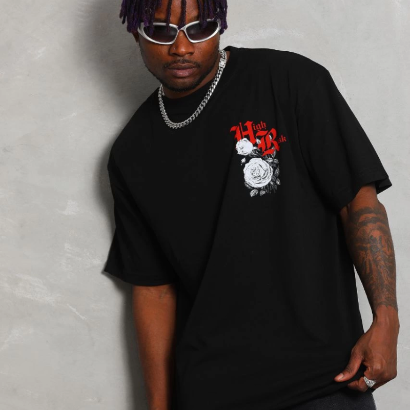 Oversize Baskılı Bisiklet Yaka T-Shirt - Siyah -