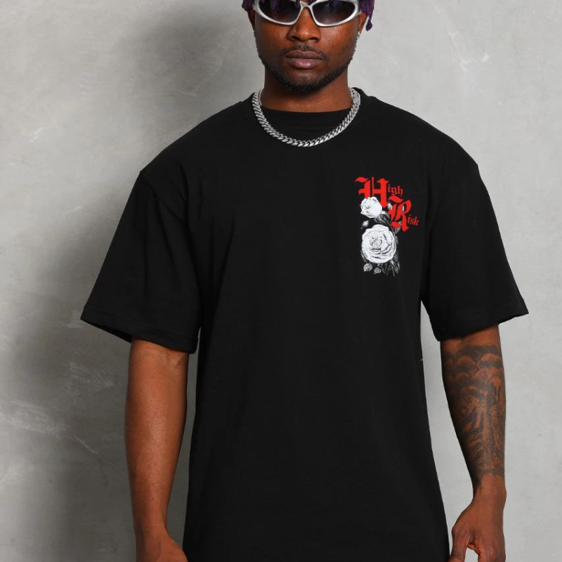 Oversize Baskılı Bisiklet Yaka T-Shirt - Siyah -