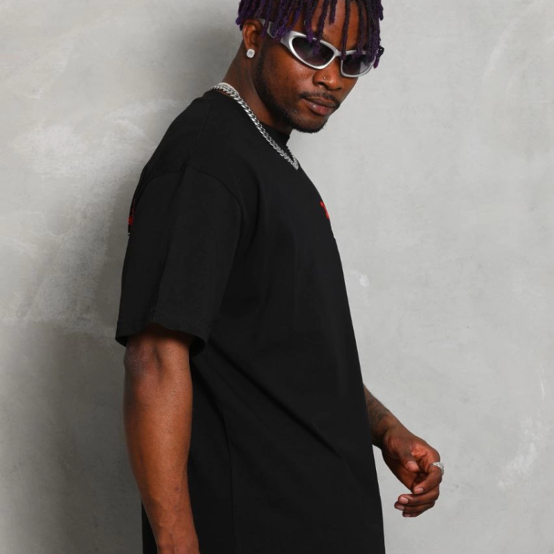 Oversize Baskılı Bisiklet Yaka T-Shirt - Siyah -