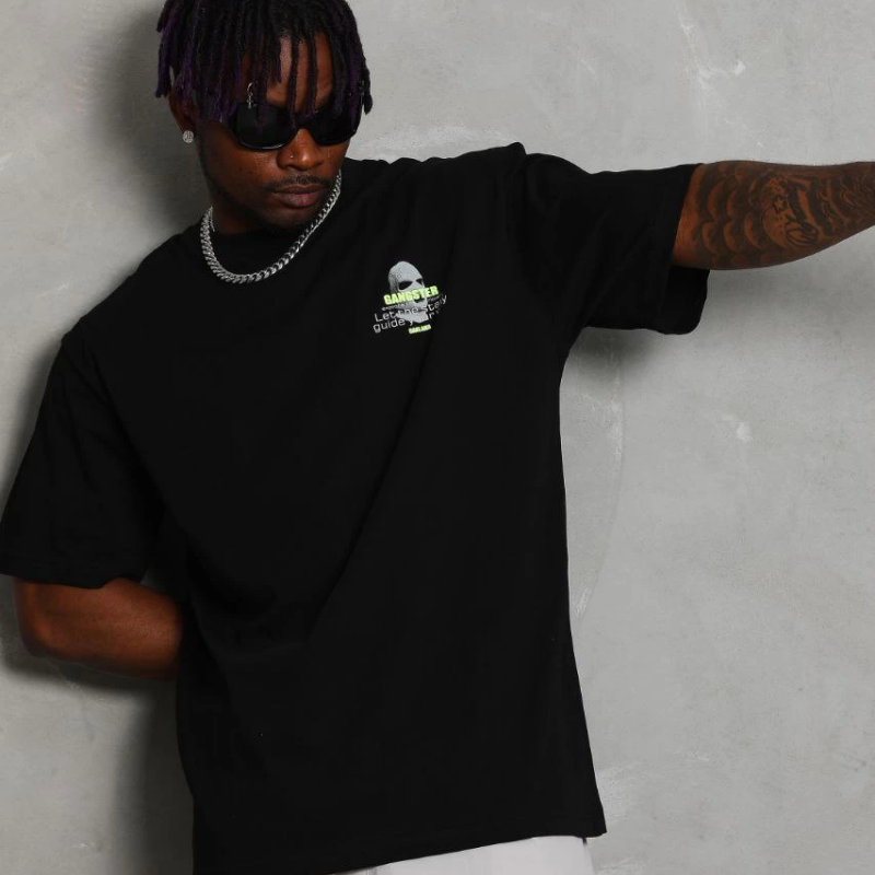 Oversize Baskılı Bisiklet Yaka T-Shirt - Siyah -