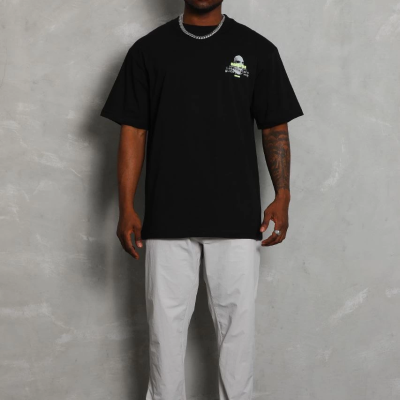 Oversize Baskılı Bisiklet Yaka T-Shirt - Siyah -