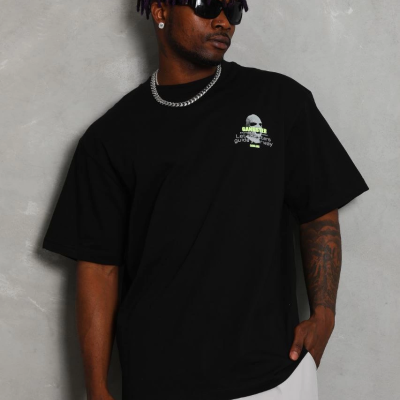 Oversize Baskılı Bisiklet Yaka T-Shirt - Siyah -