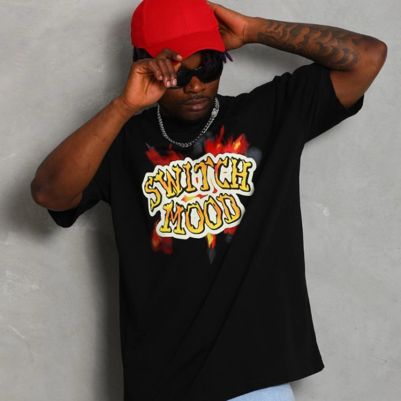 Oversize Baskılı Bisiklet Yaka T-Shirt - Siyah -