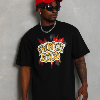 Oversize Baskılı Bisiklet Yaka T-Shirt - Siyah -