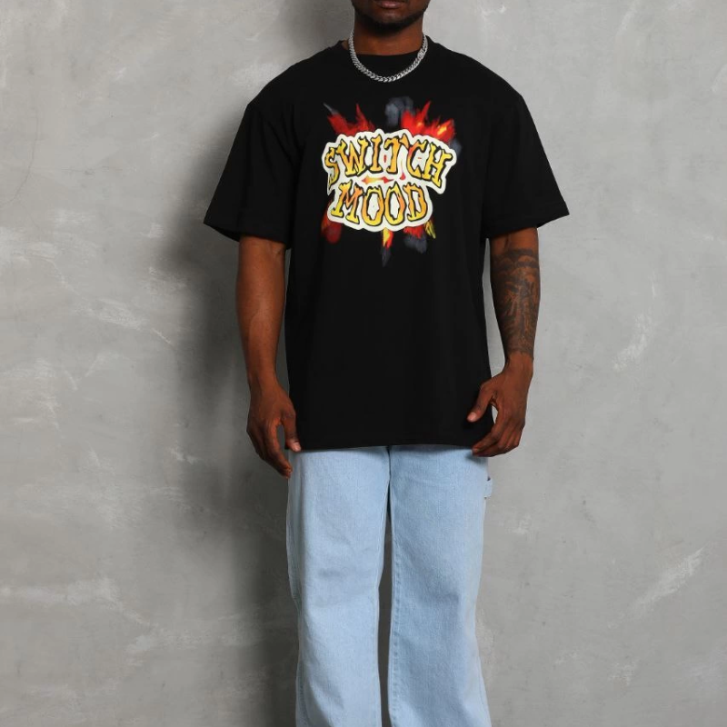 Oversize Baskılı Bisiklet Yaka T-Shirt - Siyah -