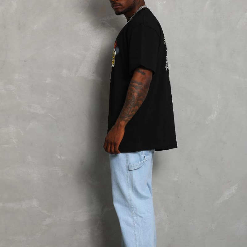 Oversize Baskılı Bisiklet Yaka T-Shirt - Siyah -