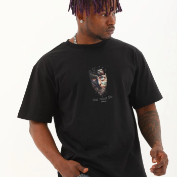 Oversize Baskılı Bisiklet Yaka T-Shirt - Siyah -