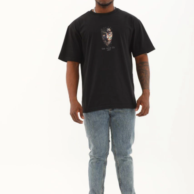 Oversize Baskılı Bisiklet Yaka T-Shirt - Siyah -